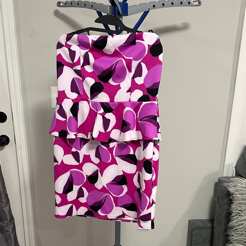 Worthington Fuchsia and Black Leaf Print Mini Dress